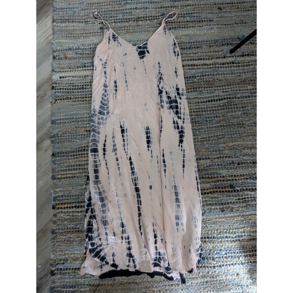 Tie Dye Midi Dress M Peach Blue Spaghetti Straps Beachy Summer Vneck Lined - Picture 2 of 7